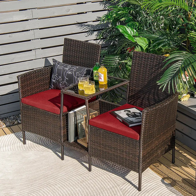 Patio Rattan Wicker Conversation Set Sofa Cushioned Loveseat Glass Table-Red - Red - Patio Conversation Sets