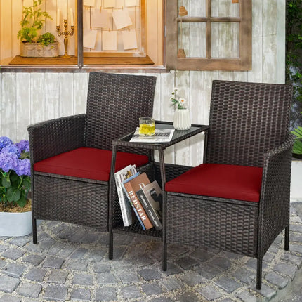 Patio Rattan Wicker Conversation Set Sofa Cushioned Loveseat Glass Table-Red - Red - Patio Conversation Sets