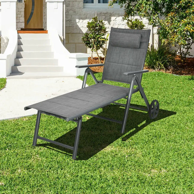 Patio Reclining Chaise Lounge with Adjust Neck Pillow-Gray - Gray - Outdoor Chaise Lounges