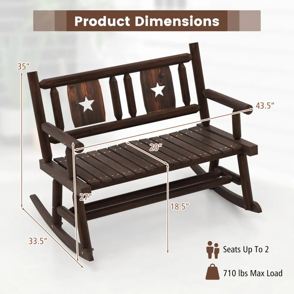 Patio Rocking Bench Double Rocker Chair with Ergonomic Seat 2-Person Loveseat - Rustic Brown - Patio Rocking Chairs &