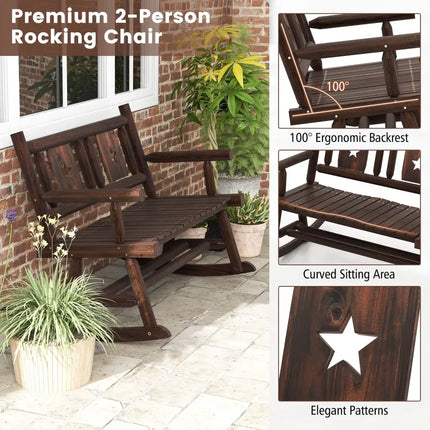Patio Rocking Bench Double Rocker Chair with Ergonomic Seat 2-Person Loveseat - Rustic Brown - Patio Rocking Chairs &