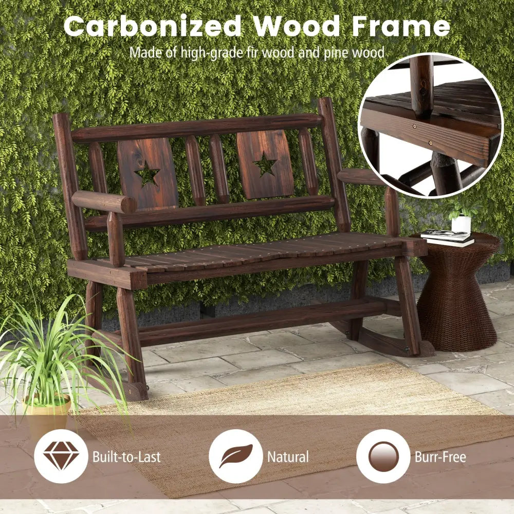 Patio Rocking Bench Double Rocker Chair with Ergonomic Seat 2-Person Loveseat - Rustic Brown - Patio Rocking Chairs &