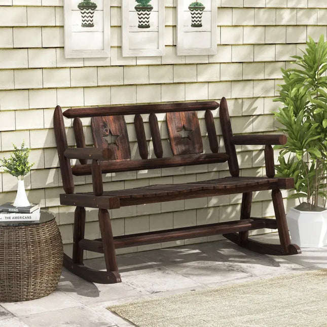 Patio Rocking Bench Double Rocker Chair with Ergonomic Seat 2-Person Loveseat - Rustic Brown - Patio Rocking Chairs &