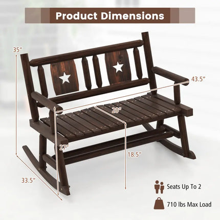 Patio Rocking Bench Double Rocker Chair with Ergonomic Seat 2-Person Loveseat - Rustic Brown - Patio Rocking Chairs &