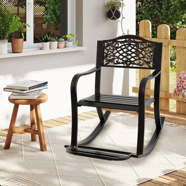 Patio Rocking Chair with Footrest and Curved Armrests-Brown - Brown - Patio Rocking Chairs & Gliders