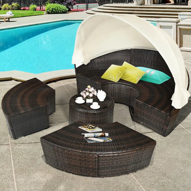 Patio Round Daybed Rattan Furniture Sets with Canopy - White - Patio Furniture Sets