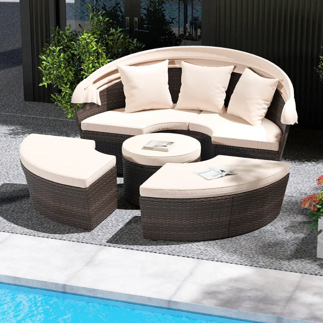 Patio Round Daybed with Retractable Canopy-White - White - Outdoor Sectionals