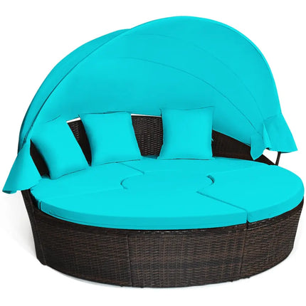 Patio Round Rattan Daybed with Retractable Canopy and Height Adjustable Coffee Table-Turquoise - Turquoise - Patio