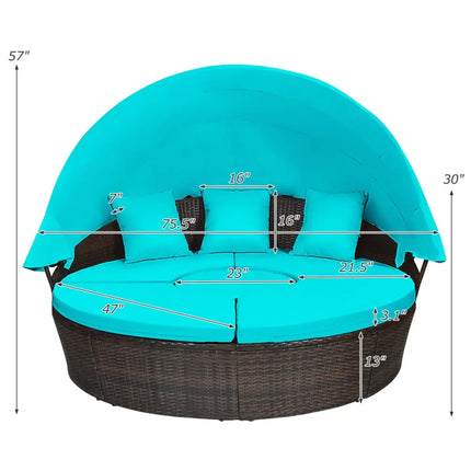 Patio Round Rattan Daybed with Retractable Canopy and Height Adjustable Coffee Table-Turquoise - Turquoise - Patio