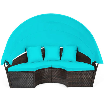 Patio Round Rattan Daybed with Retractable Canopy and Height Adjustable Coffee Table-Turquoise - Turquoise - Patio
