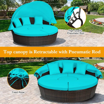 Patio Round Rattan Daybed with Retractable Canopy and Height Adjustable Coffee Table-Turquoise - Turquoise - Patio