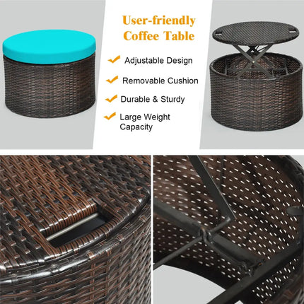 Patio Round Rattan Daybed with Retractable Canopy and Height Adjustable Coffee Table-Turquoise - Turquoise - Patio