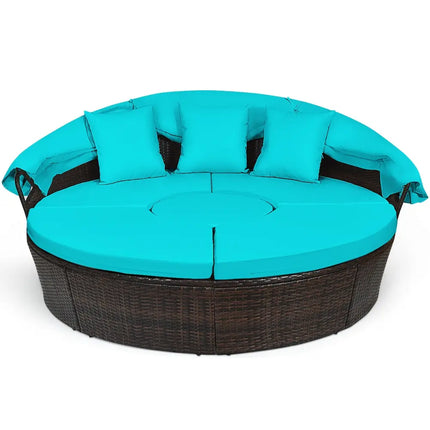 Patio Round Rattan Daybed with Retractable Canopy and Height Adjustable Coffee Table-Turquoise - Turquoise - Patio