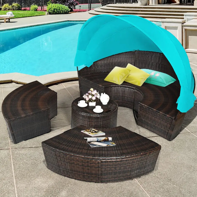 Patio Round Rattan Daybed with Retractable Canopy and Height Adjustable Coffee Table-Turquoise - Turquoise - Patio