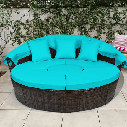 Patio Round Rattan Daybed with Retractable Canopy and Height Adjustable Coffee Table-Turquoise - Turquoise - Patio