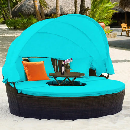 Patio Round Rattan Daybed with Retractable Canopy and Height Adjustable Coffee Table-Turquoise - Turquoise - Patio