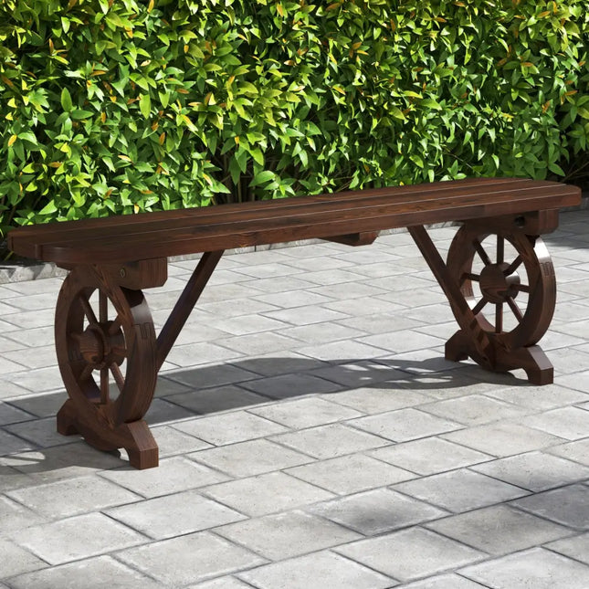 Patio Rustic Wood Bench with Wagon Wheel Base - Rustic Brown - Outdoor Benches