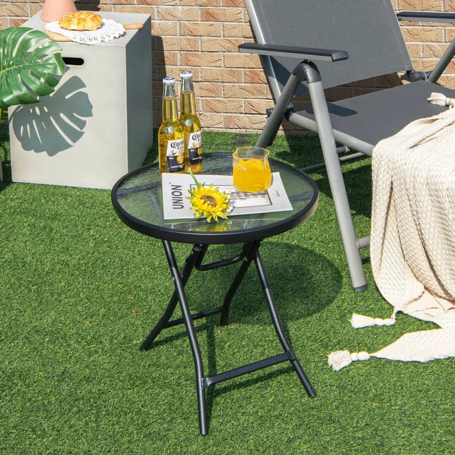Patio Side Table with Tempered Glass Tabletop - Black - Patio Coffee Tables