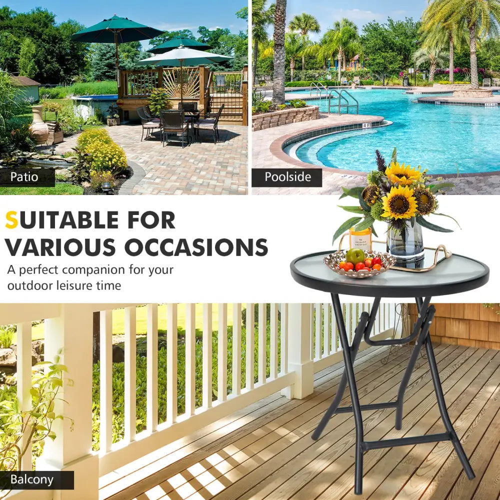 Patio Side Table with Tempered Glass Tabletop - Black - Patio Coffee Tables