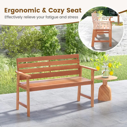 Patio Solid Wood Bench Wood 2-Seat Chair with Breathable Slatted Seat & Inclined Backrest - Natural - Outdoor Benches