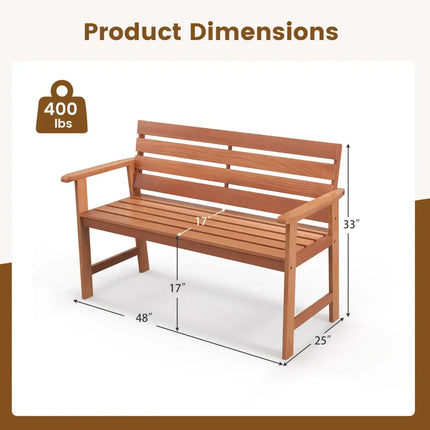 Patio Solid Wood Bench Wood 2-Seat Chair with Breathable Slatted Seat & Inclined Backrest - Natural - Outdoor Benches