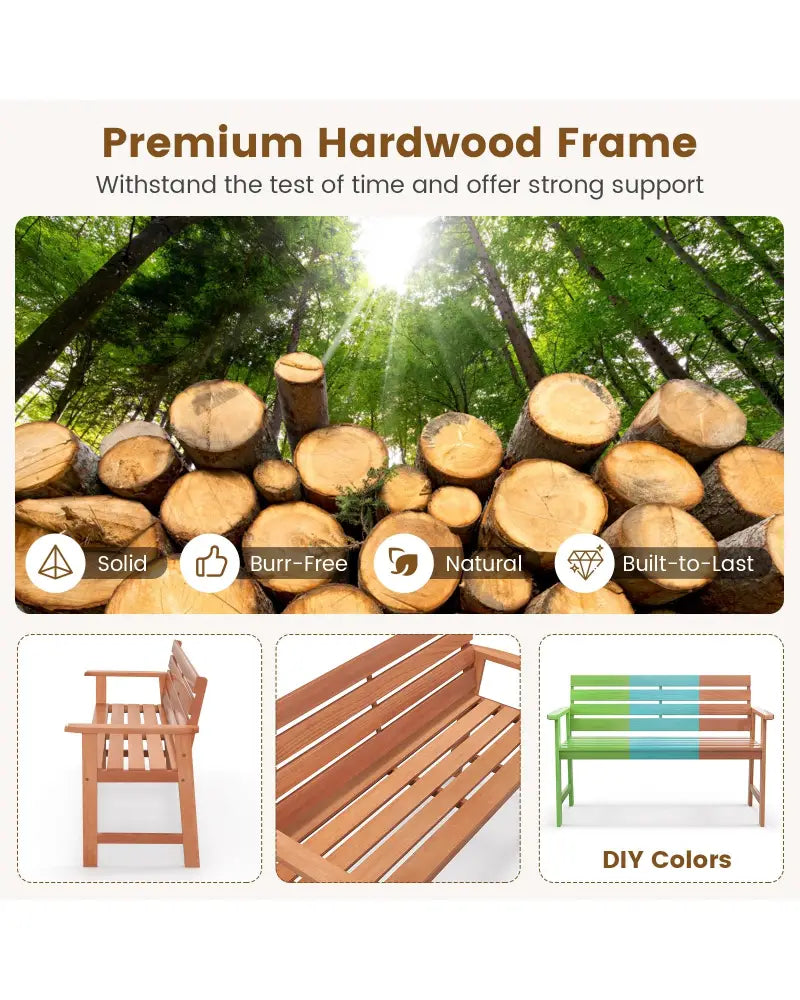 Patio Solid Wood Bench Wood 2-Seat Chair with Breathable Slatted Seat & Inclined Backrest - Natural - Outdoor Benches
