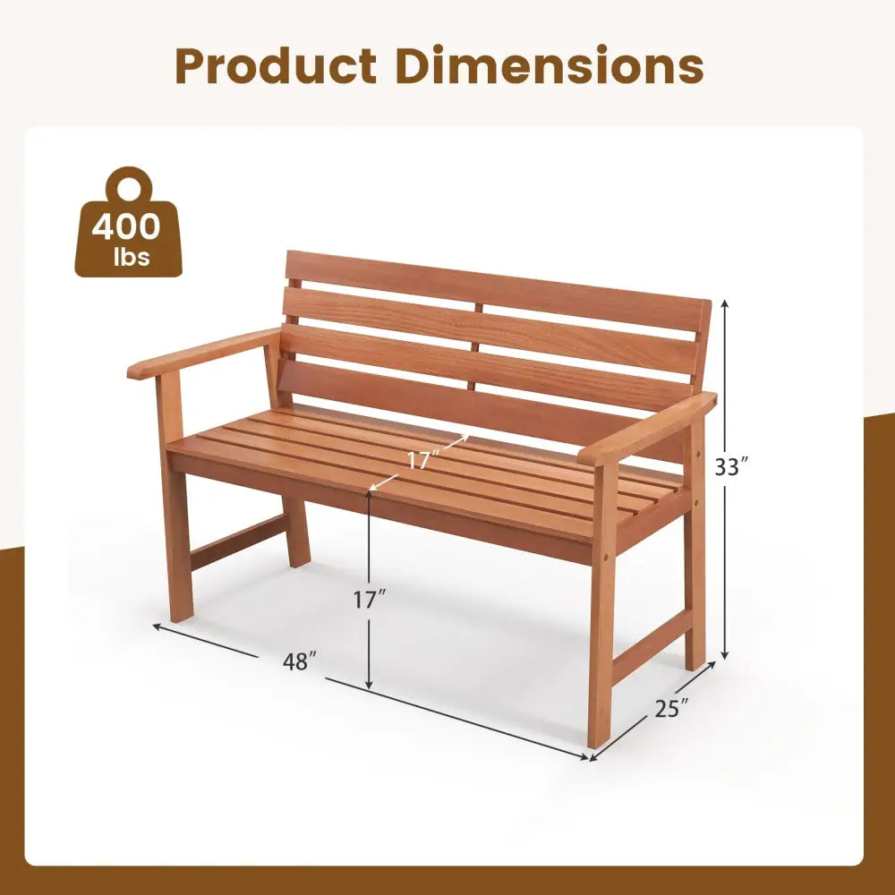 Patio Solid Wood Bench Wood 2-Seat Chair with Breathable Slatted Seat & Inclined Backrest - Natural - Outdoor Benches