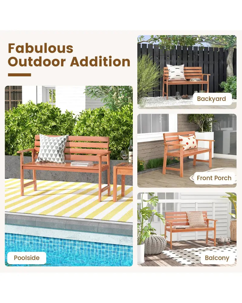Patio Solid Wood Bench Wood 2-Seat Chair with Breathable Slatted Seat & Inclined Backrest - Natural - Outdoor Benches