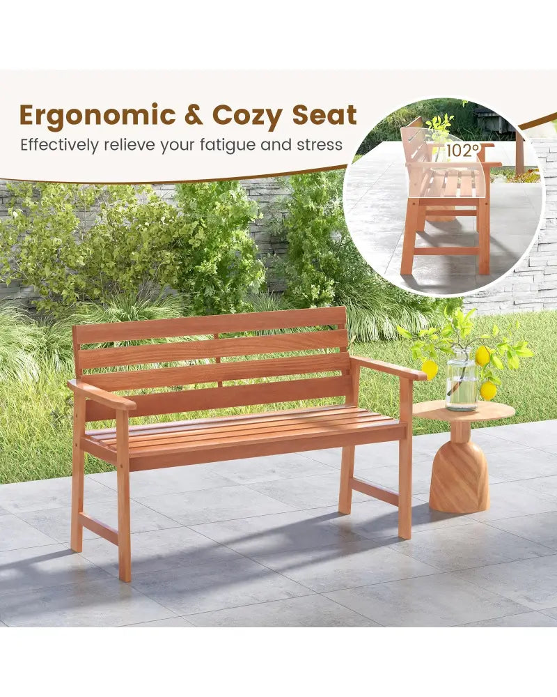 Patio Solid Wood Bench Wood 2-Seat Chair with Breathable Slatted Seat & Inclined Backrest - Natural - Outdoor Benches