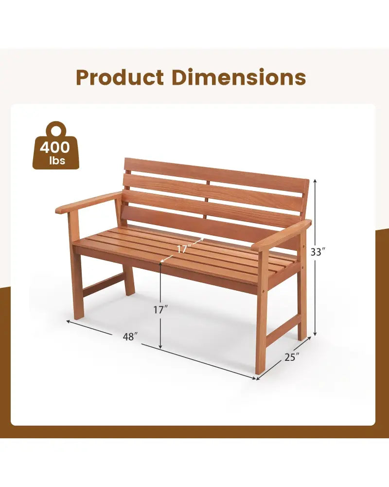 Patio Solid Wood Bench Wood 2-Seat Chair with Breathable Slatted Seat & Inclined Backrest - Natural - Outdoor Benches