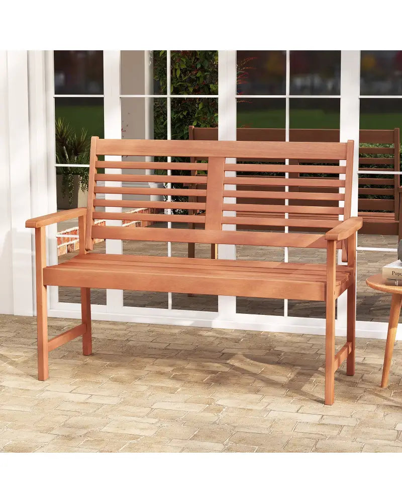 Patio Solid Wood Loveseat Outdoor 2-Seat Bench with Inclined Backrest and Slatted Seat - Natural - Outdoor Benches