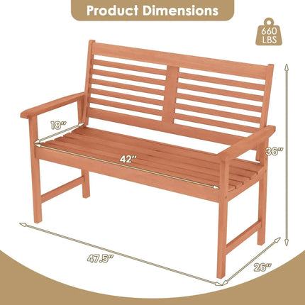 Patio Solid Wood Loveseat Outdoor 2-Seat Bench with Inclined Backrest and Slatted Seat - Natural - Outdoor Benches