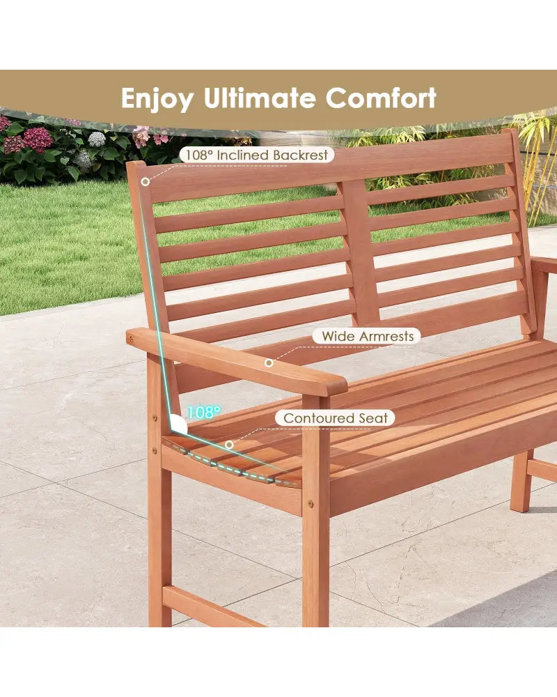 Patio Solid Wood Loveseat Outdoor 2-Seat Bench with Inclined Backrest and Slatted Seat - Natural - Outdoor Benches
