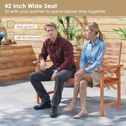 Patio Solid Wood Loveseat Outdoor 2-Seat Bench with Inclined Backrest and Slatted Seat - Natural - Outdoor Benches
