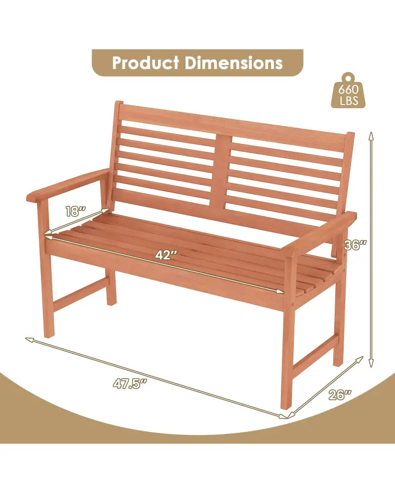 Patio Solid Wood Loveseat Outdoor 2-Seat Bench with Inclined Backrest and Slatted Seat - Natural - Outdoor Benches