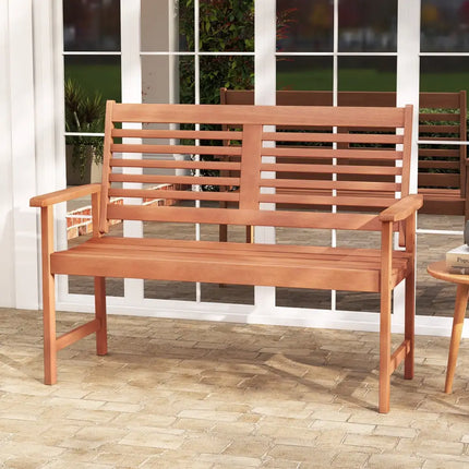 Patio Solid Wood Loveseat Outdoor 2-Seat Bench with Inclined Backrest and Slatted Seat - Natural - Outdoor Benches