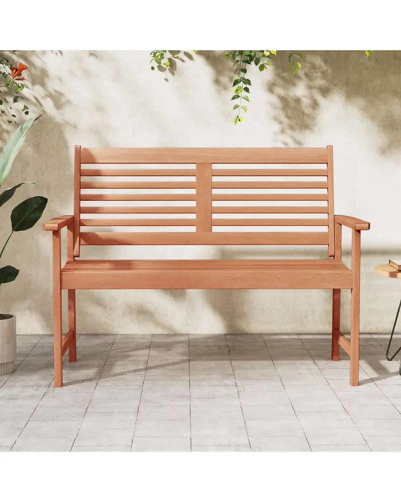Patio Solid Wood Loveseat Outdoor 2-Seat Bench with Inclined Backrest and Slatted Seat - Natural - Outdoor Benches