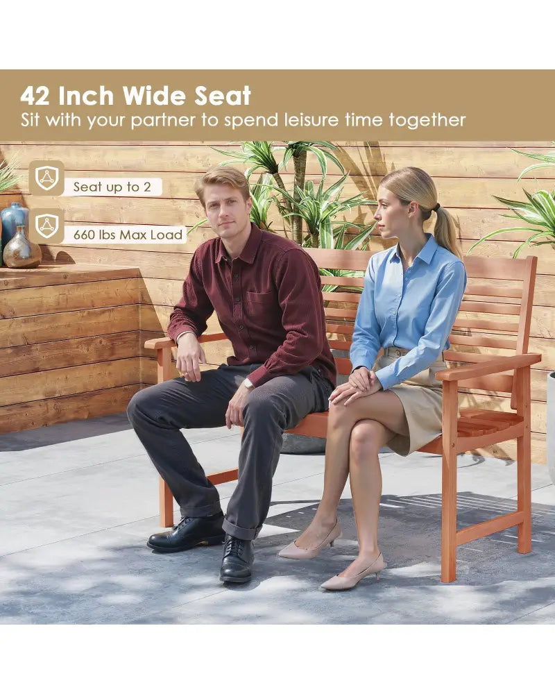 Patio Solid Wood Loveseat Outdoor 2-Seat Bench with Inclined Backrest and Slatted Seat - Natural - Outdoor Benches
