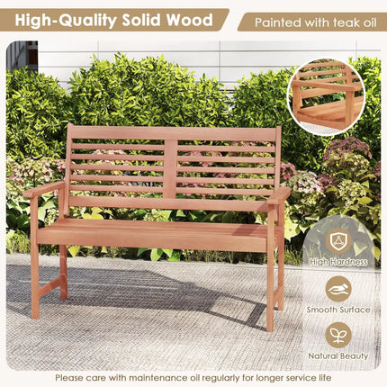 Patio Solid Wood Loveseat Outdoor 2-Seat Bench with Inclined Backrest and Slatted Seat - Natural - Outdoor Benches