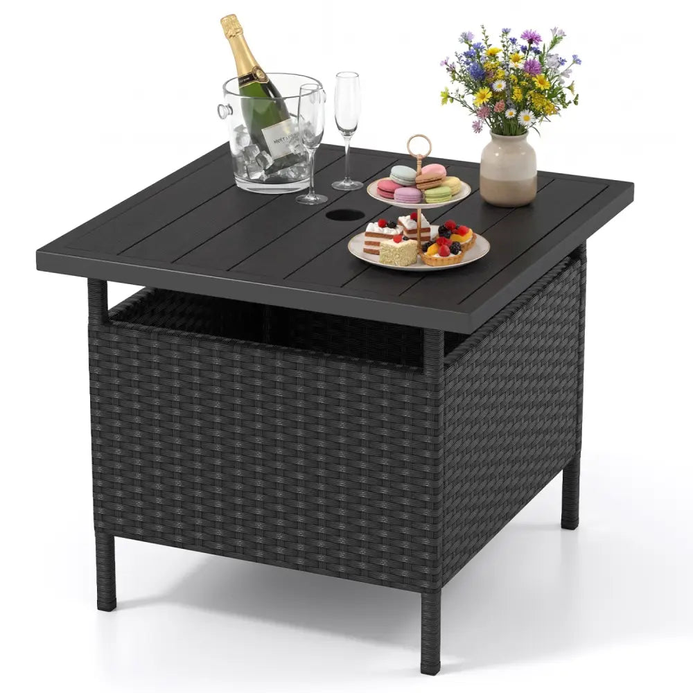 Patio Square Wicker Side Table with Umbrella Hole for Yard-Black - Black - Patio Coffee Tables