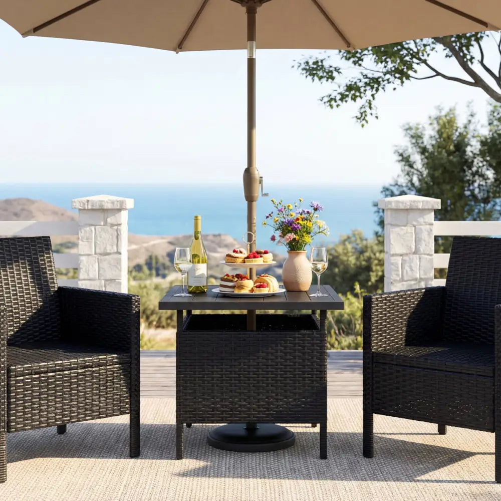 Patio Square Wicker Side Table with Umbrella Hole for Yard-Black - Black - Patio Coffee Tables
