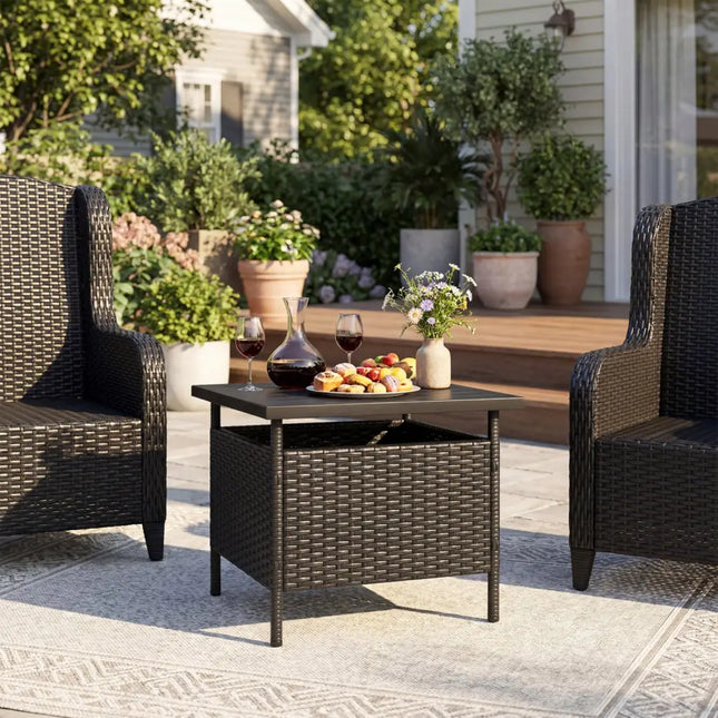 Patio Square Wicker Side Table with Umbrella Hole for Yard-Black - Black - Patio Coffee Tables