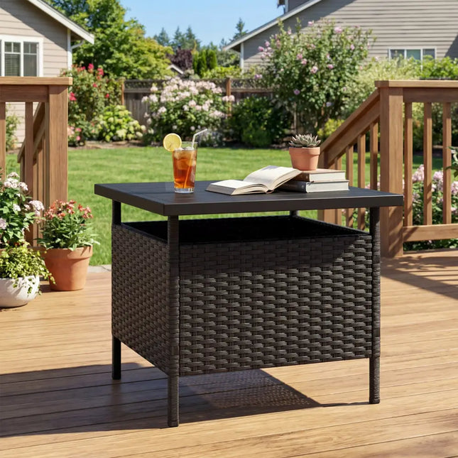 Patio Square Wicker Side Table with Umbrella Hole for Yard-Black - Black - Patio Coffee Tables