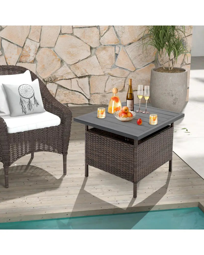 Patio Square Wicker Side Table with Umbrella Hole for Yard Garden Poolside - Brown - Patio Coffee Tables