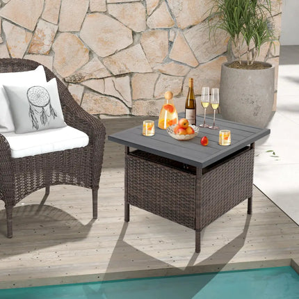 Patio Square Wicker Side Table with Umbrella Hole for Yard Garden Poolside - Brown - Patio Coffee Tables