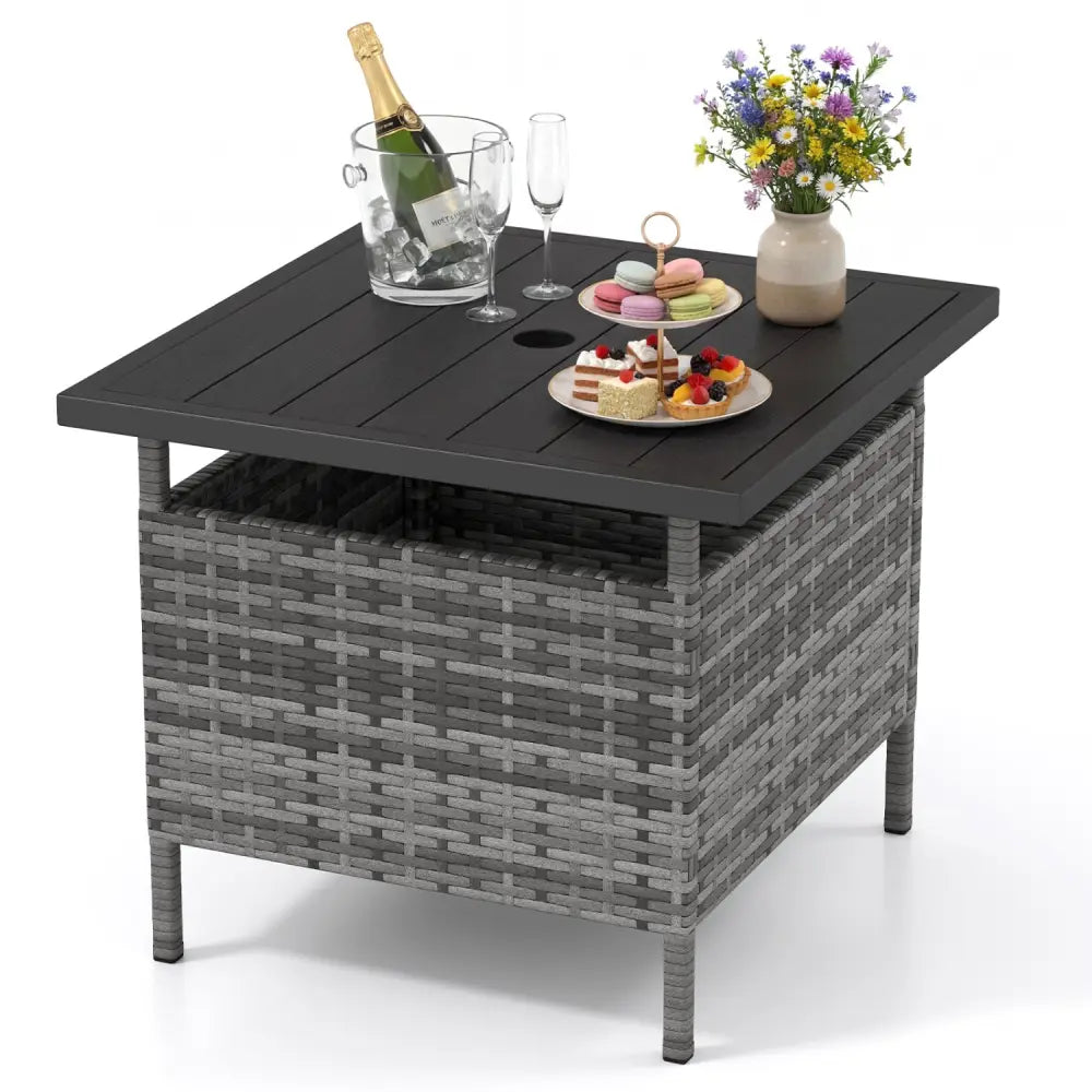 Patio Square Wicker Side Table with Umbrella Hole for Yard-Gray - Gray - Patio Coffee Tables