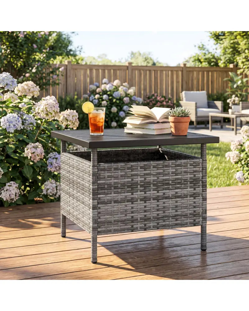 Patio Square Wicker Side Table with Umbrella Hole for Yard-Gray - Gray - Patio Coffee Tables