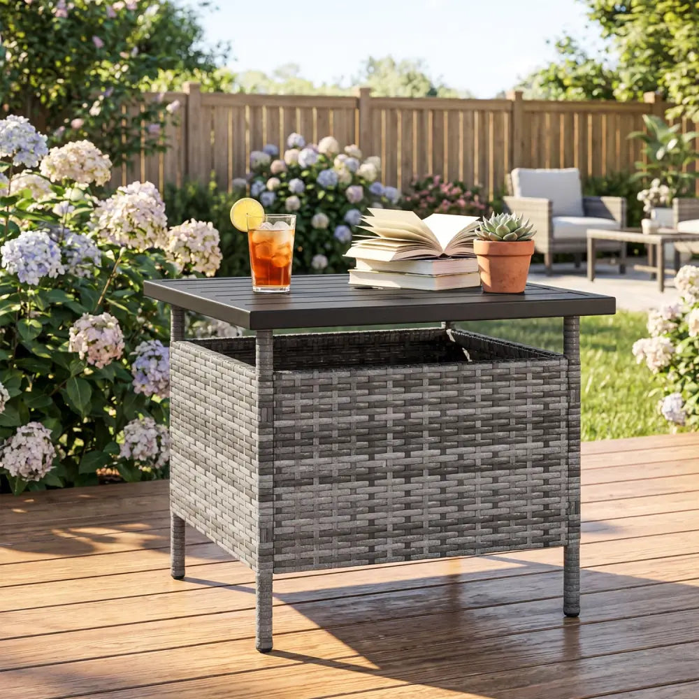 Patio Square Wicker Side Table with Umbrella Hole for Yard-Gray - Gray - Patio Coffee Tables