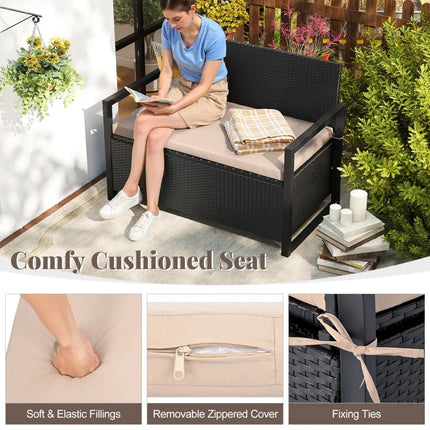 Patio Storage Bench Outdoor Wicker Loveseat with Built-in Storage - Brown - Sheds & Outdoor Storage