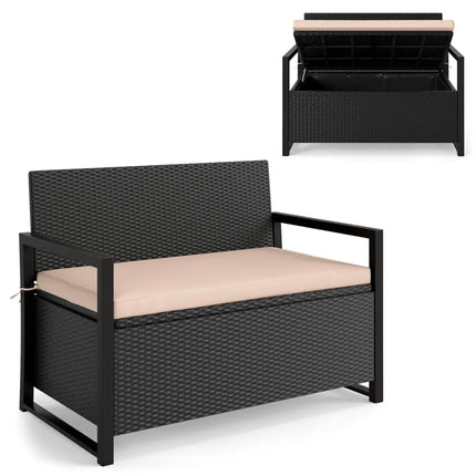 Patio Storage Bench Outdoor Wicker Loveseat with Built-in Storage - Brown - Sheds & Outdoor Storage